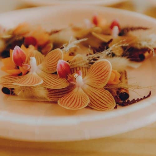 Grooms flowers in golden mustard